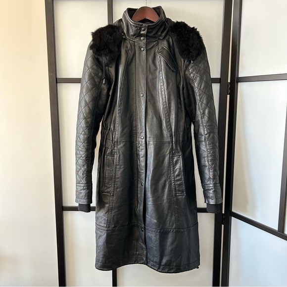 [XS] Vintage Danier Leather Moto Style Trench Coat Black Rabbit Fur Hood Winter - Picture 2 of 15